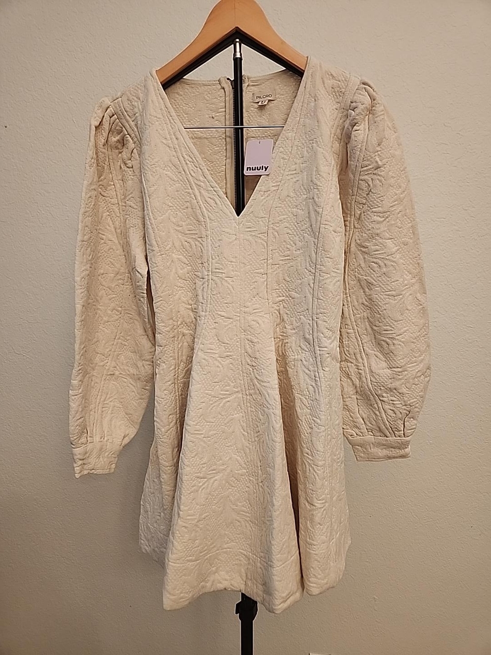 NWT Anthropologie Pilcro Long-Sleeve V-Neck Textured Mini Dress Neutral Size 12